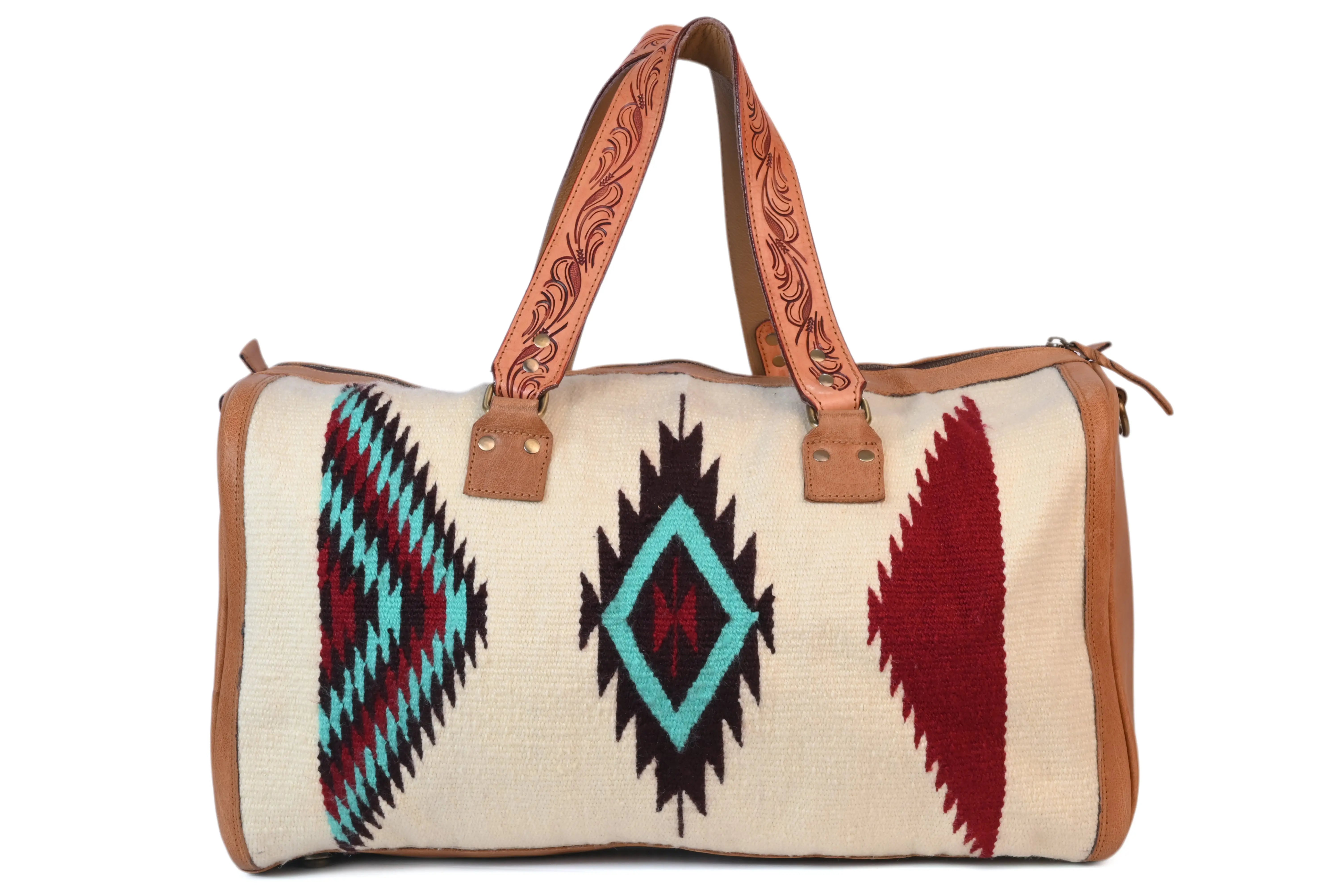 Saddle Blanket Hand tooled Genuine Leather Western Duffel Bag - abitoamerica